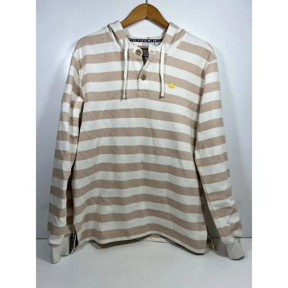 Adidas Originals Striped Hoodie Knit Tan White Men’s Sz M Resort Nautical